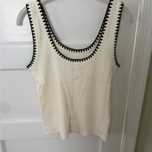 J. Crew Cream Ribbed Tank with Black Trim Embroidery